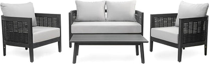 Peron Patio 4-Seater Conversation Set, Sofa/Loveseat, 2 Club Chairs, Coffee Table, Cushion+Back Pillows, Acacia Wood+Wicker, Garden, Backyard, Poolside, Black + Light Grey3