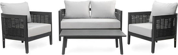 Peron Patio 4-Seater Conversation Set, Sofa/Loveseat, 2 Club Chairs, Coffee Table, Cushion+Back Pillows, Acacia Wood+Wicker, Garden, Backyard, Poolside, Black + Light Grey3