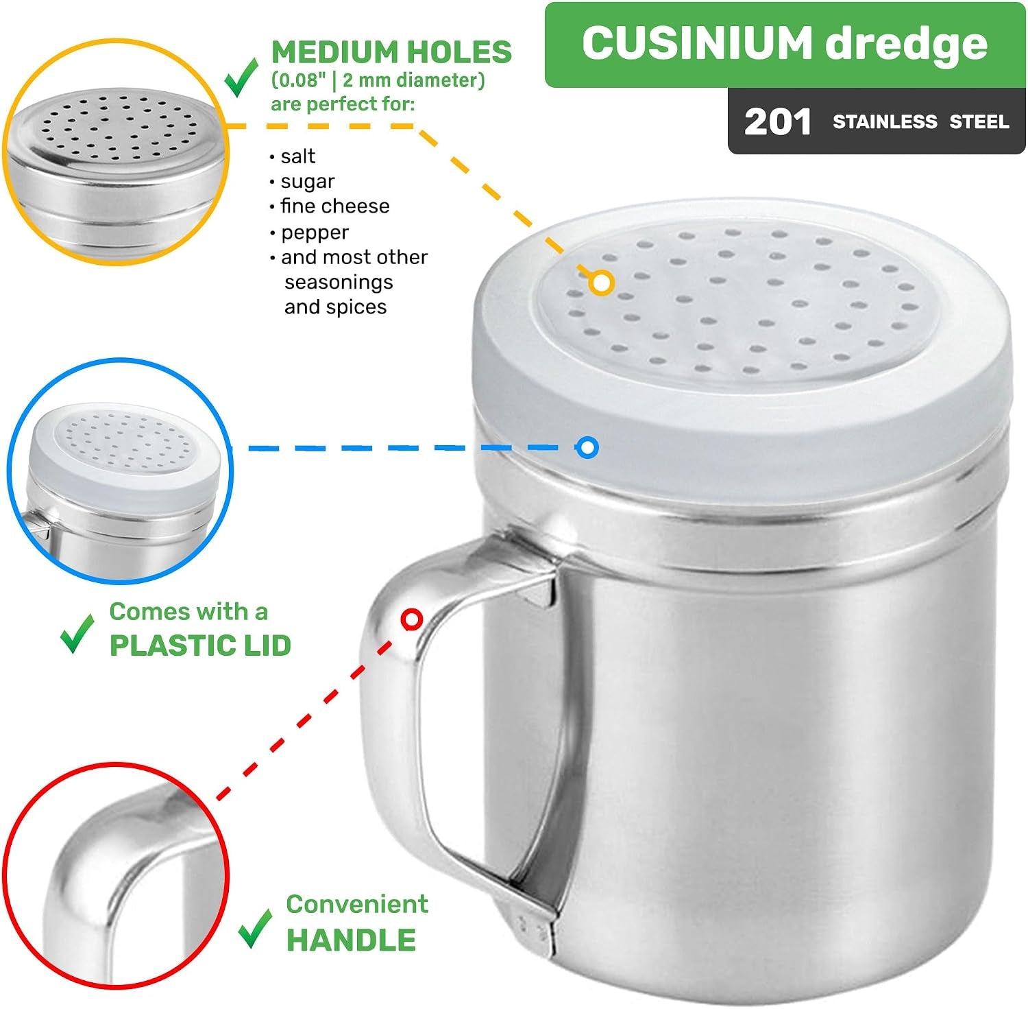 set-of-3-10oz-stainless-steel-dredges-with-handle-fine-mesh-medium-holes-large-holes-for-coarse-seasonings