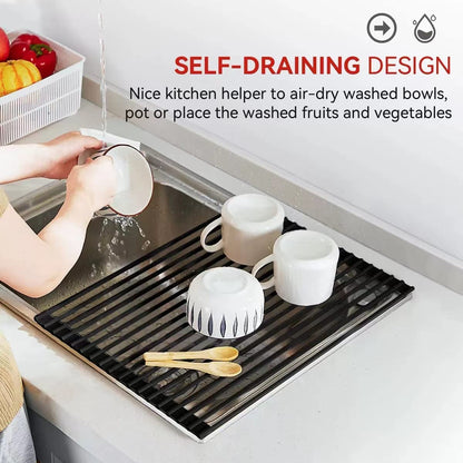 Roll up Dish Drying Rack Silicone Wrapped over the Sink Dish Drying Rack Multipurpose Foldable Sink Drying Mat Anti-Slip & Anti-Rust Dish Rack for Kitchen, 17.5" X 13", Black8