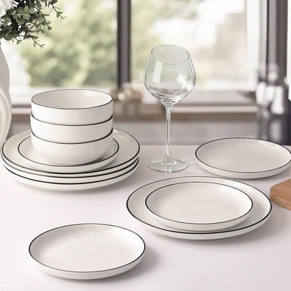 Plates and Bowls Sets for 4,12 Pieces Ceramic Dish Set, White Dinnerware Set for Kitchen, Modern Design Plate Sets with Black Rim, Microwave and Dishwasher Safe6