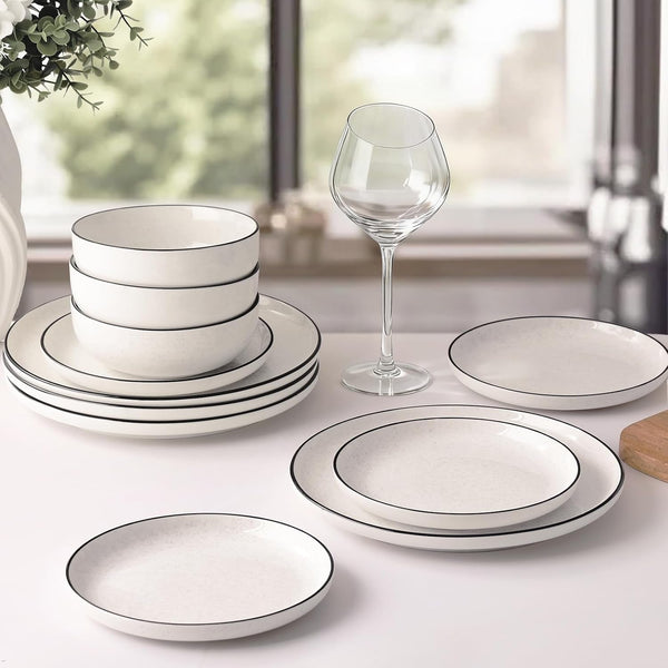 Plates and Bowls Sets for 4,12 Pieces Ceramic Dish Set, White Dinnerware Set for Kitchen, Modern Design Plate Sets with Black Rim, Microwave and Dishwasher Safe6