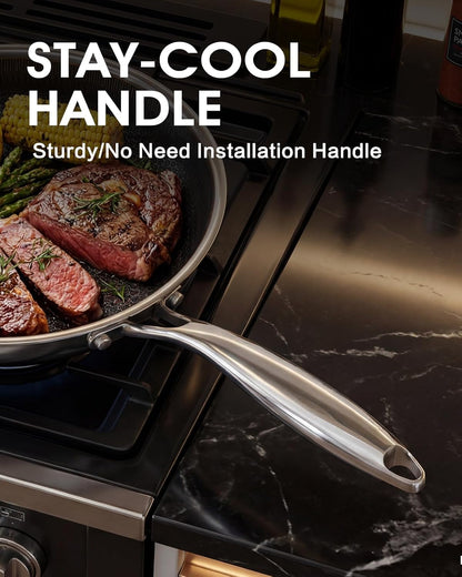 Hybrid Non Stick Frying Pans with Glass Lid, 8-Inch Frying Pan. | Stainless Steel Skillet with Honeycomb Surface,Oven-Safe,Pfas-Free,Compatible with All Cooktops.6
