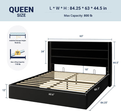 Queen Size Lift up Hydraulic Storage Bed Frame Black2