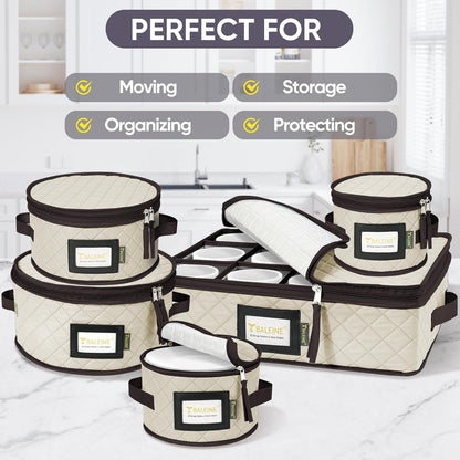 China Storage Containers, Sturdy Quilted Wine Glass Storage, Plate Organizer with Carry Handles, Moving Boxes for Dishes, Cups, Mugs and Stemware (Plate Mug Combo, Soft Shell Cream)7