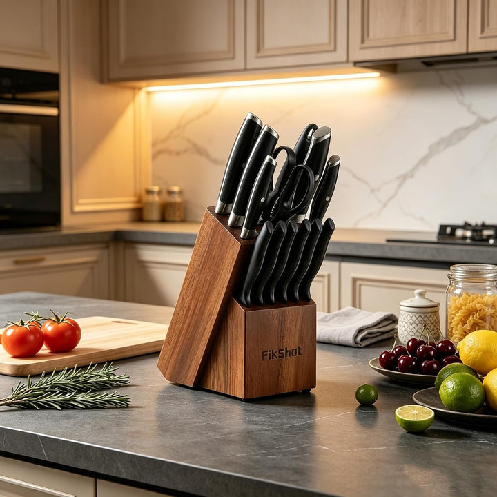 Knife Set, German Stainless Steel, Black, 14-Piece Kitchen Knives | Full Tang Handle, Ultra-Sharp, Knife Block & Sharpener Included, Rust-Resistant, Dishwasher-Safe, Gift for Chefs, BBQ Prep+2
