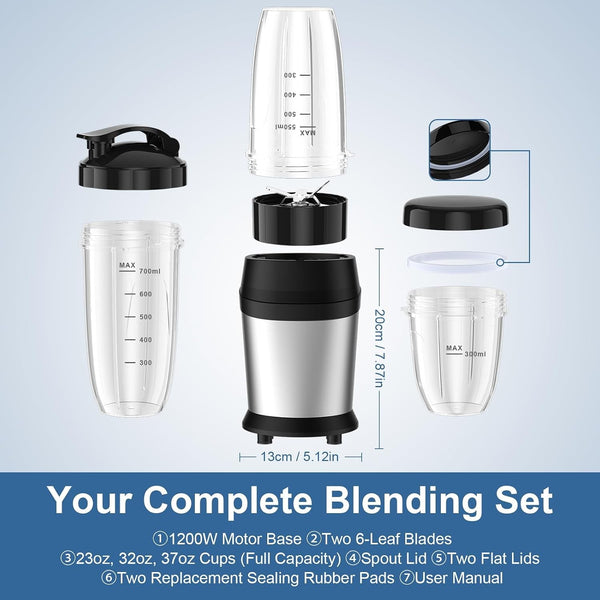 1200W Smoothie Blender, Personal Kitchen Blender, Ice Crushing | 25000 RPM, Dishwasher Safe, 12Pcs, 6-Leaf Blade×2, 3 Cup Sizes, Smoothie Maker Grinder Frozen Drinks Nuts, Silver7