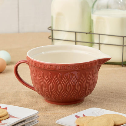 Vintage Farm Stoneware Batter Bowl, 2.5-Quart Capacity, 10.5X8X5-Inch, Embossed Rustic Red Design with Handle & Spout, Durable Farmhouse-Style Mixing Bowl for Baking & Cooking, Dishwasher Safe3