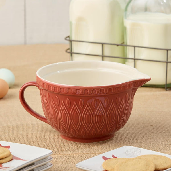 Vintage Farm Stoneware Batter Bowl, 2.5-Quart Capacity, 10.5X8X5-Inch, Embossed Rustic Red Design with Handle & Spout, Durable Farmhouse-Style Mixing Bowl for Baking & Cooking, Dishwasher Safe3