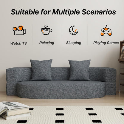 Folding Sofa Bed, Convertible Futon Sleeper Bed, 2-In-1 Foldable Floor Mattress with 2 Pillows, Breathable High-Density Foam Lazy Couch, Twin Size Comfy Lounge Chair, Dark Gray4