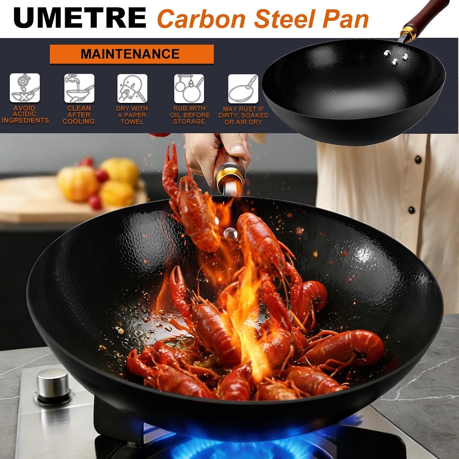 carbon-steel-wok-pan-13-4-inch-nonstick-pre-seasoned-woks-stir-fry-pans-with-glass-lid-no-chemical-coated-wok-round-bottom-hand-hammered-chinese-wok-for-gas-stoves