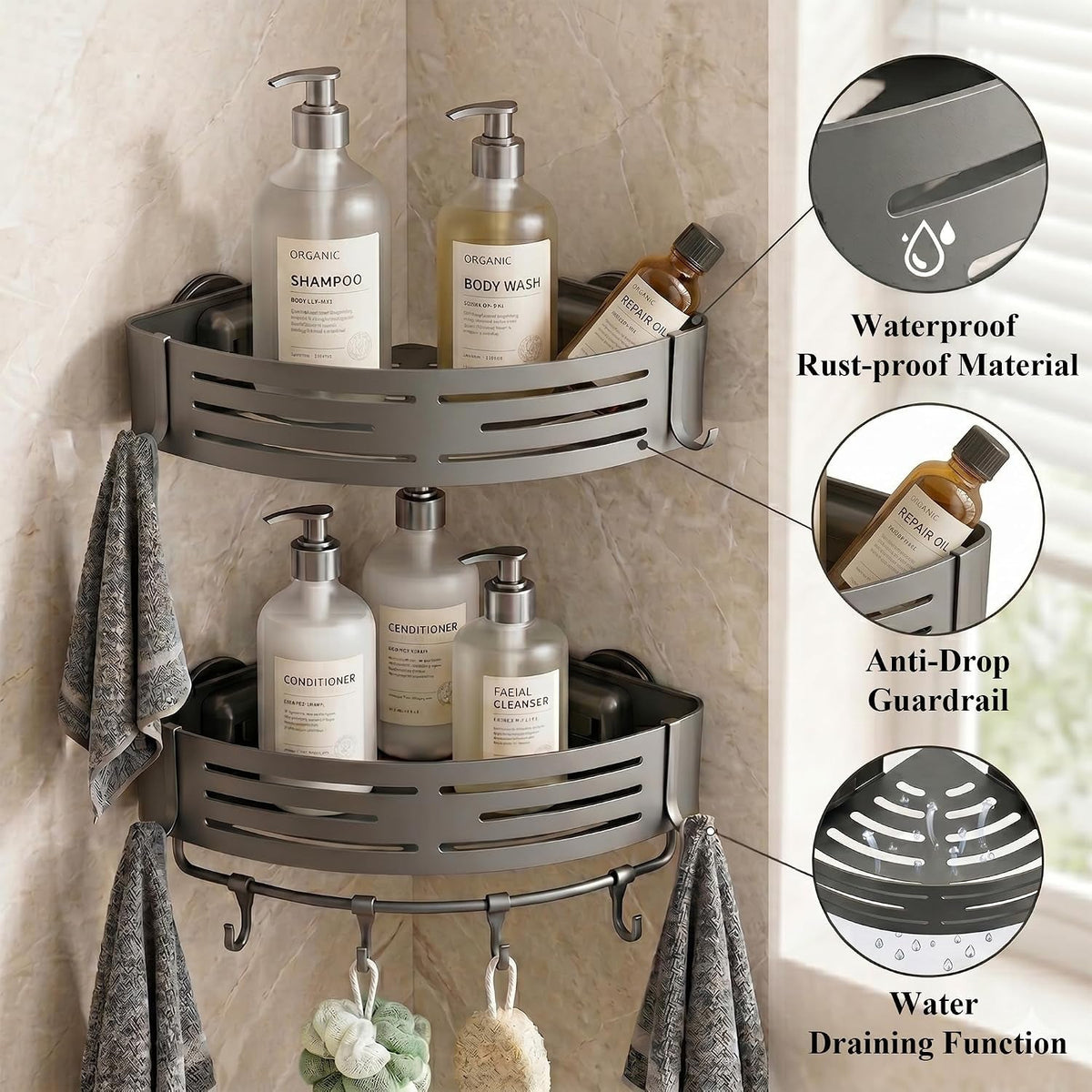 corner-shower-caddy-suction-cup-2-pack-aluminum-shower-shelves-no-drilling-removable-shower-organizer-with-towel-bar-and-hooks-for-smooth-tile-glass-and-marble-matte-gray