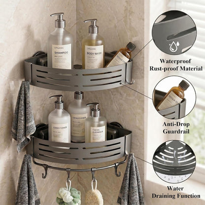 Corner Shower Caddy Suction Cup, 2 Pack Aluminum Shower Shelves No Drilling, Removable Shower Organizer with Towel Bar and Hooks for Smooth Tile, Glass and Marble, Matte Gray2