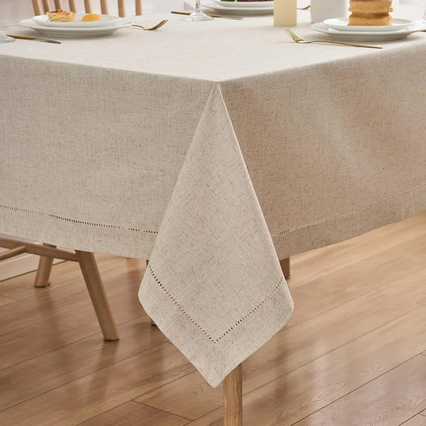 Natural Flax Linen Tablecloth – Undyed Rectangle Hemstitch Table Cover for Kitchen, Dining & Decoration (Neutral, 55" X 86")2