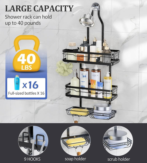 Shower Caddy Hanging over the Shower Head - Rustproof Shower Organizer Hanging with Soap Scrub Holder, Non-Slip Stainless Steel Bathroom Storage Rack & Shelves, No Drilling, Black4