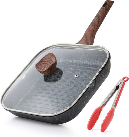 Nonstick Grilling Pan with Lid for Stove Tops, 11 Inch Square Grill Pan for Indoor Cooking, Granite Coating Grill Skillet with Pour Spouts, Versatile Griddle, Induction Steak Pan, PFOA Free1