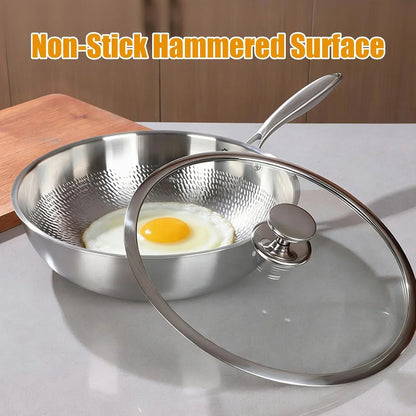 Titanium Hammered Wok Pan with Lid, Pure Titanium Pans for Cooking, No Coating Non-Stick Flat Bottom Wok, Ultra-Durable, Scratch-Resistant, Compatible with All Cooktops,12.6In6