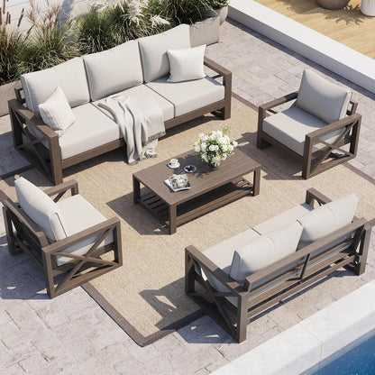 Aluminum Outdoor Patio Furniture Set Faux Wood Grain 5 Pcs Beige1