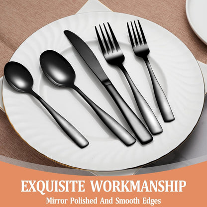 20 Pcs Black Silverware Set, Food-Grade Stainless Steel Flatware Set for 4, Square Cutlery Set, Mirror Polished Tableware Eating Utensils Set for Kitchen, Include Knife Fork Spoon Set,Dishwasher Safe4