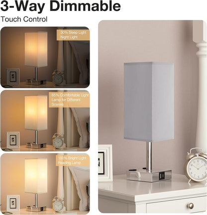 Touch Bedside Table Lamp for Bedroom - Dimmable, USB C+A, 2 AC Outlets | 3-Way Dimming, 3000K Bulb Included, Square Grey Lampshade and Silver Base, Desk Lamp for Nightstand, Living Room, Dorm2