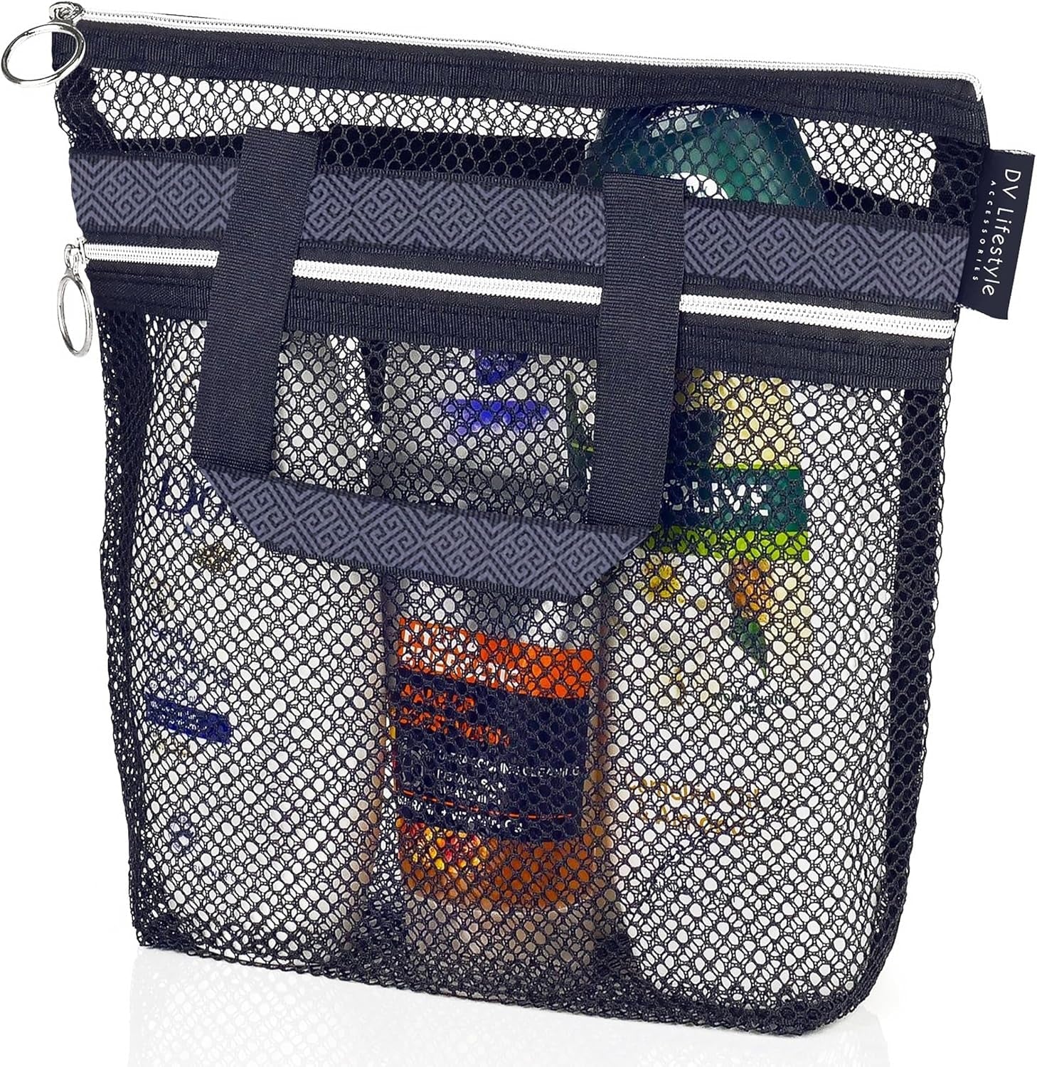 mesh-shower-bag-10-2x9-9-quick-dry-caddy-with-zipper-2-pockets-portable-toiletry-tote-for-bathroom-gym-travel-camp-beach-for-sunscreen-dorm-college-essentials-black