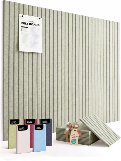 Large Felt Bulletin Board 48 X 36 Inch - 12-Pack Square Acoustic Wall Panels, Cork Board Alternative, NRC 0.95, Damage-Free Adhesive, Slatted Design for Home, Classroom (Sage)1