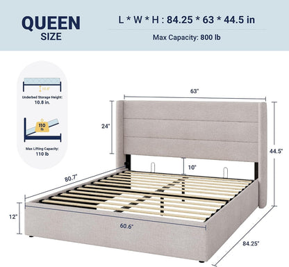 Queen Size Lift up Hydraulic Storage Bed Frame Light Beige2
