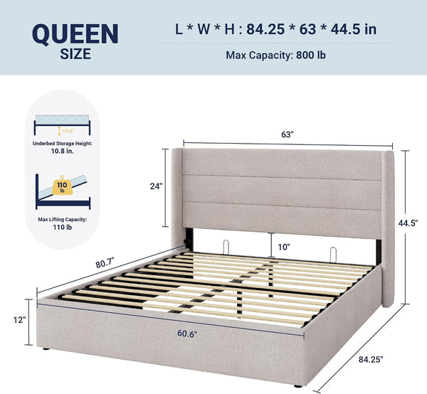 Queen Size Lift up Hydraulic Storage Bed Frame Light Beige2