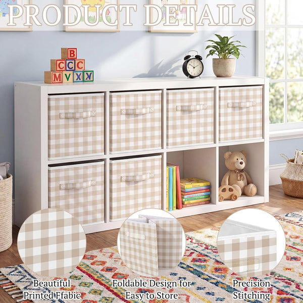 6 Pcs Beige Gingham Cube Storage Bins, 11 Inch Fabric Checkered Classroom Storage Bins Organizer with Handle Preppy Collapsible Cubby Basket for Classroom Home Nursery Playroom Bedroom4