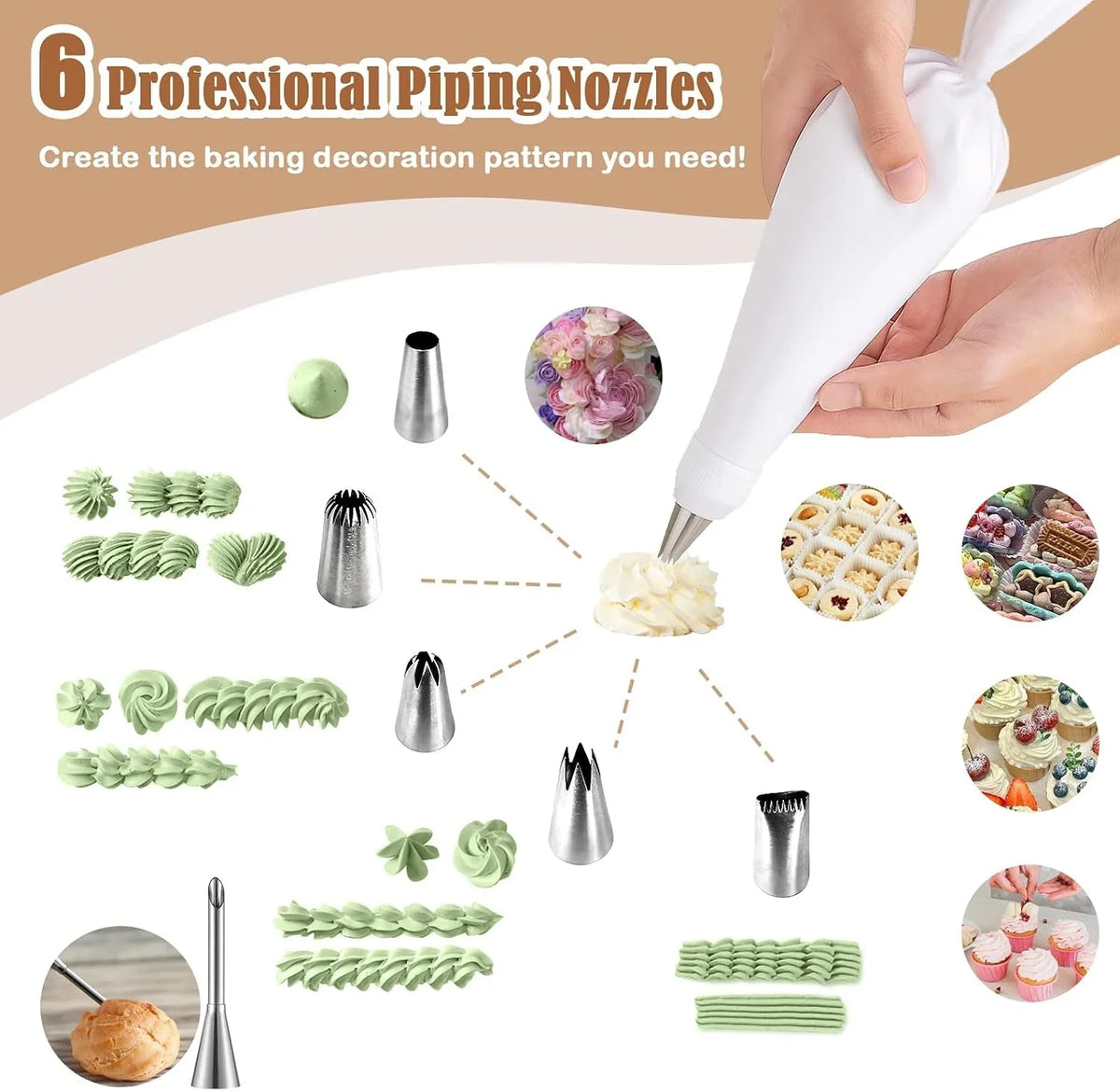 9-piece-reusable-piping-bags-and-tips-set-with-stainless-steel-nozzles-thick-cotton-bag-6-stainless-steel-tips-secure-coupler-and-brush-for-cakes-cupcakes-and-cookies-decorating-easy-to-reuse