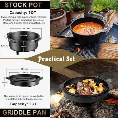 Pre-Seasoned Cast Iron Camp Dutch Oven, 5QT Pot & 2QT Skillet Lid | Open Fire Camping Cookware Set for Outdoor Campfire Cooking - Stewing Chicken,Baking Sourdough Bread, plus Cleaner, Oven Safe4