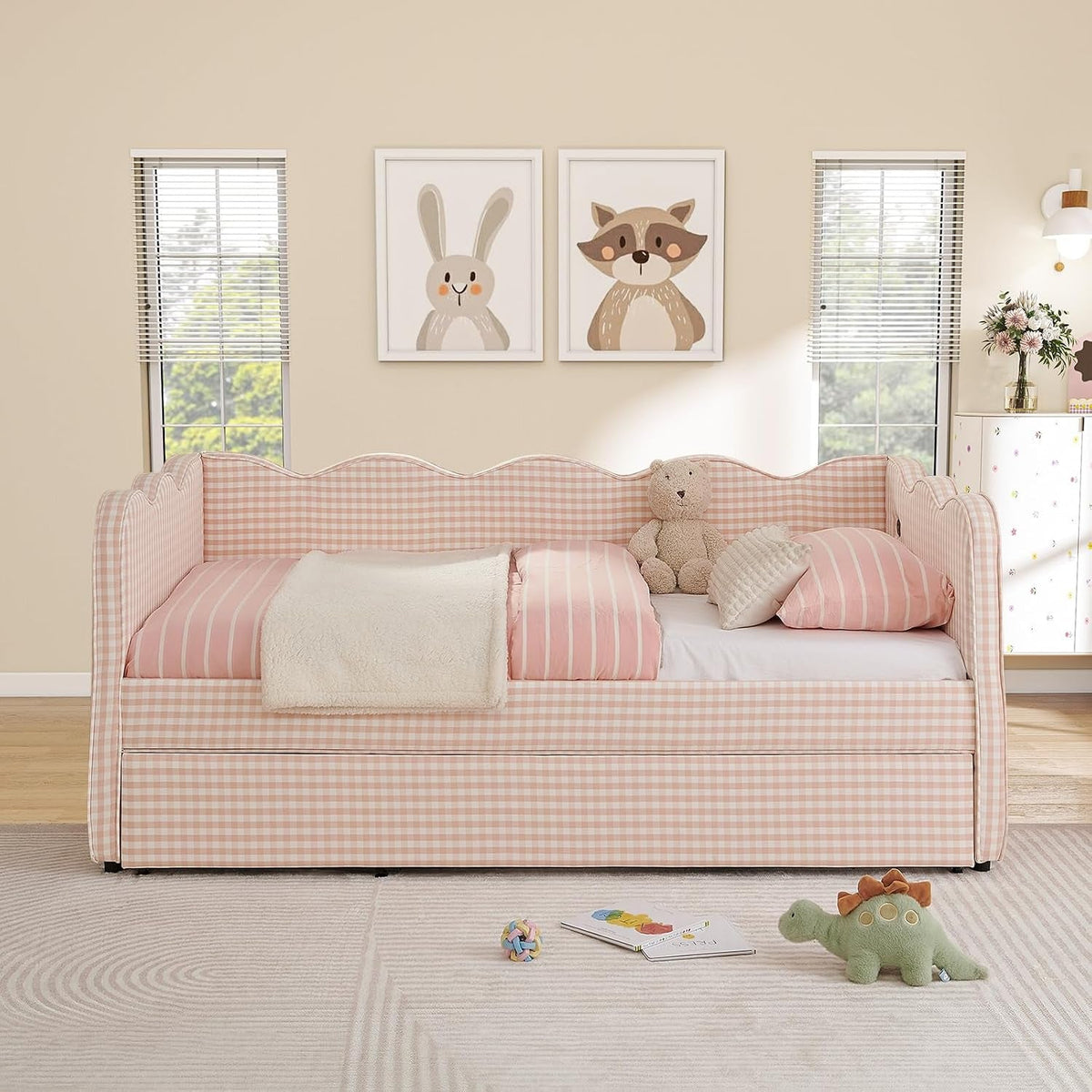 twin-size-daybed-with-pop-up-trundle-linen-gingham-twin-to-king-daybed-with-usb-ports-upholstered-day-bed-frame-modern-sofa-bed-for-living-room-bedroom-guest-room-no-box-spring-needed-pink