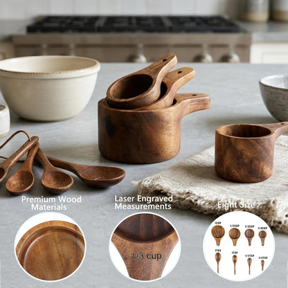 8PCS Wooden Measuring Cups and Spoons Set, Kaloo Natural Solid Acacia Wood Measuring Cups for Dry and Liquid Ingredients (Laser Engraved Measurements)3