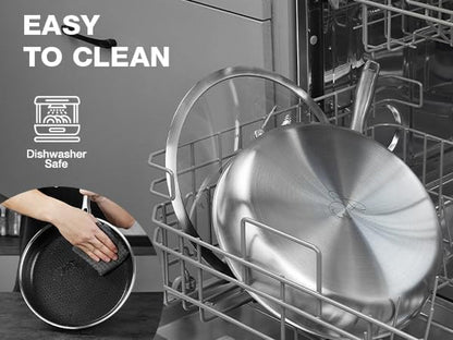 12Inch Frying Pan with Lid Ceramic Nonstick Stainless Steel Skillet | 5-Ply Stainless Steel;Ceramic Nonstick for Metal Utensils;Oven Safe 500°F;PFAS PFOA Free;Cool-Touch Handle;All Stovetops8