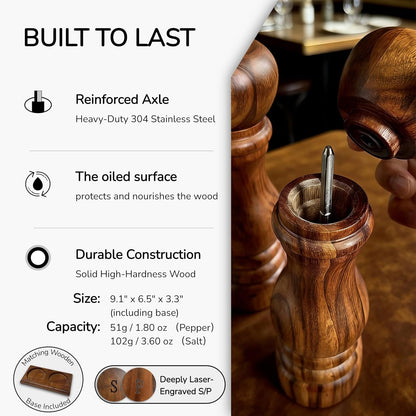 Wooden Salt and Pepper Grinder Set, Manual Salt and Pepper Mill with Ceramic/Stainless Steel Core, Refillable Salt Grinder with External Adjustable Coarseness, 9” Tall (Beech)6