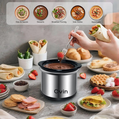 0.65Qt Mini round Slow Cooker, Fondue Melting Pot Warmer 20 Oz | Small Slow Cooker for Dips,Dishwasher-Safe 20Oz Stoneware,Sauce Warmer,Crock Glass Lid,Serve 1-2 Person,Stainless Steel,Black6