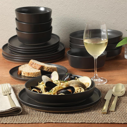 Overbrook 16-Piece Pottery Clay Stoneware Dinnerware Set – Black Reactive Glaze, Stackable Plates and Bowls W/Pasta Bowl, Service for 4 – Microwave & Dishwasher Safe2