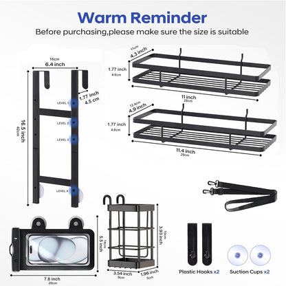 Over the Door Shower Caddy Hanging, Rustproof Shower Shelves with Waterproof Phone Pouch, 2-Tier Adjustable Bathroom Organizers and Storage, No Drilling Shower Shelf, Black Shampoo Soap Holder2
