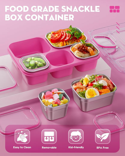 Snackle Box Containers, Stainless Steel 5 Compartments Divided Serving Tray with Lid, Removable Leakproof Portable Bento Box for Fruit Candy Nuts Food - School, Picnic and Travel（Pink）3