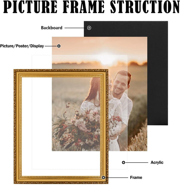 8×10 Picture Frame Gold - Picture Frames for Wall Hanging and Tabletop Display, Ornate Photo Frame for Poster,Vintage Frames,With Acrylic2