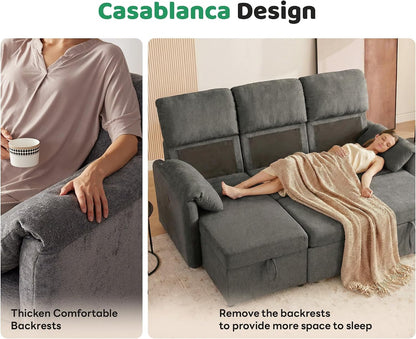 80'' Pull Out Sofa, 3 in 1 Sleeper Sofa Couch with USB & Storage Chaise, Comfy Sofa Bed with Pull Out Bed, Convertible Sleeper Sofas for Living Room, Small Spaces, Dark Gray8