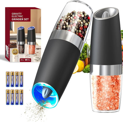 Gravity Electric Salt and Pepper Grinder Set Automatic Salt and Pepper Grinder Set with LED Light, Battery Operated, Adjustable Coarseness, Large Capacity, for Home Kitchen BBQ, Black1