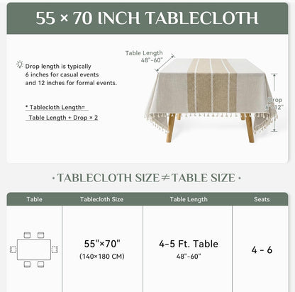 Outdoor Linen Tablecloth Rectangle, Waterproof Cotton Boho Farmhouse Table Cloths with Tassel, Heavy Weight Wrinkle Free Table Cover for Picnic Camping Dining - 55 X 70 Inch, Coffee Lines6