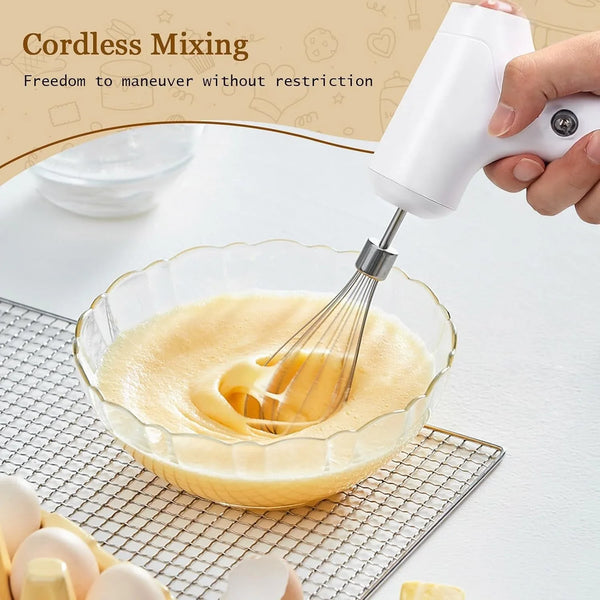 Cordless Hand Mixer, Handheld Electric Whisk with 3 Speed Modes, Hand Held Egg Beater with 2 Detachable Stir Whisks (White Silver)5