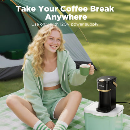 Mini Single Serve Coffee Maker for K Cups and Grounds with Handle | for Travel, Camping, Office, RV and Dorm, Portable Handle, 120V, 6 to 12 Oz Brew Size, BPA Free, K302, Black and Gold7