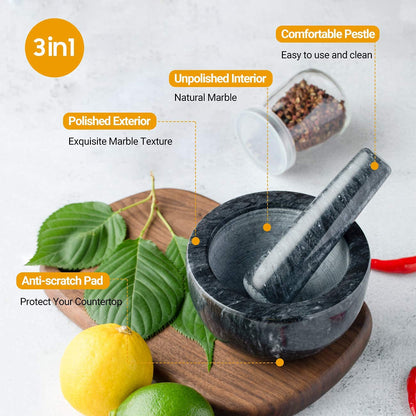 Marble Mortar and Pestle Set Small Bowl Solid Stone Grinder Spice Herb Grinder Pill Crusher (Black, Diameter 4.64")6