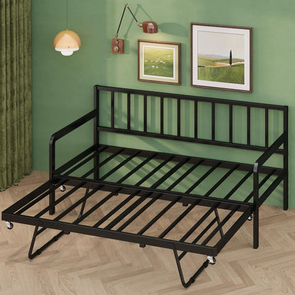 Twin Daybed with Pop up Trundle, Metal Steel Slats, Black1