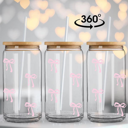 Coquette Cute Pink Bow Glass Cups with Lids and Straws, Aesthetic Iced Coffee Matcha Cup, Girly Preppy Design Tumbler Mug, Valentines Christmas Birthday Gifts for Women, Teen Girl Gifts Trendy Stuff3