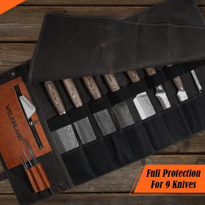 13-Pocket Knife Roll, Heavy-Duty Canvas Leather Knife Roll Bag3