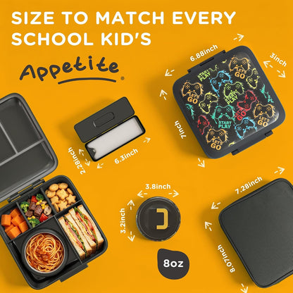 Bento Lunch Box for Kids with 8Oz Soup Thermo,Leak-Proof Lunch Containers with 5 Compartment,Thermo Food Jar and Lunch Bag, Food Containers for School (A-Black(Game Consoley))5